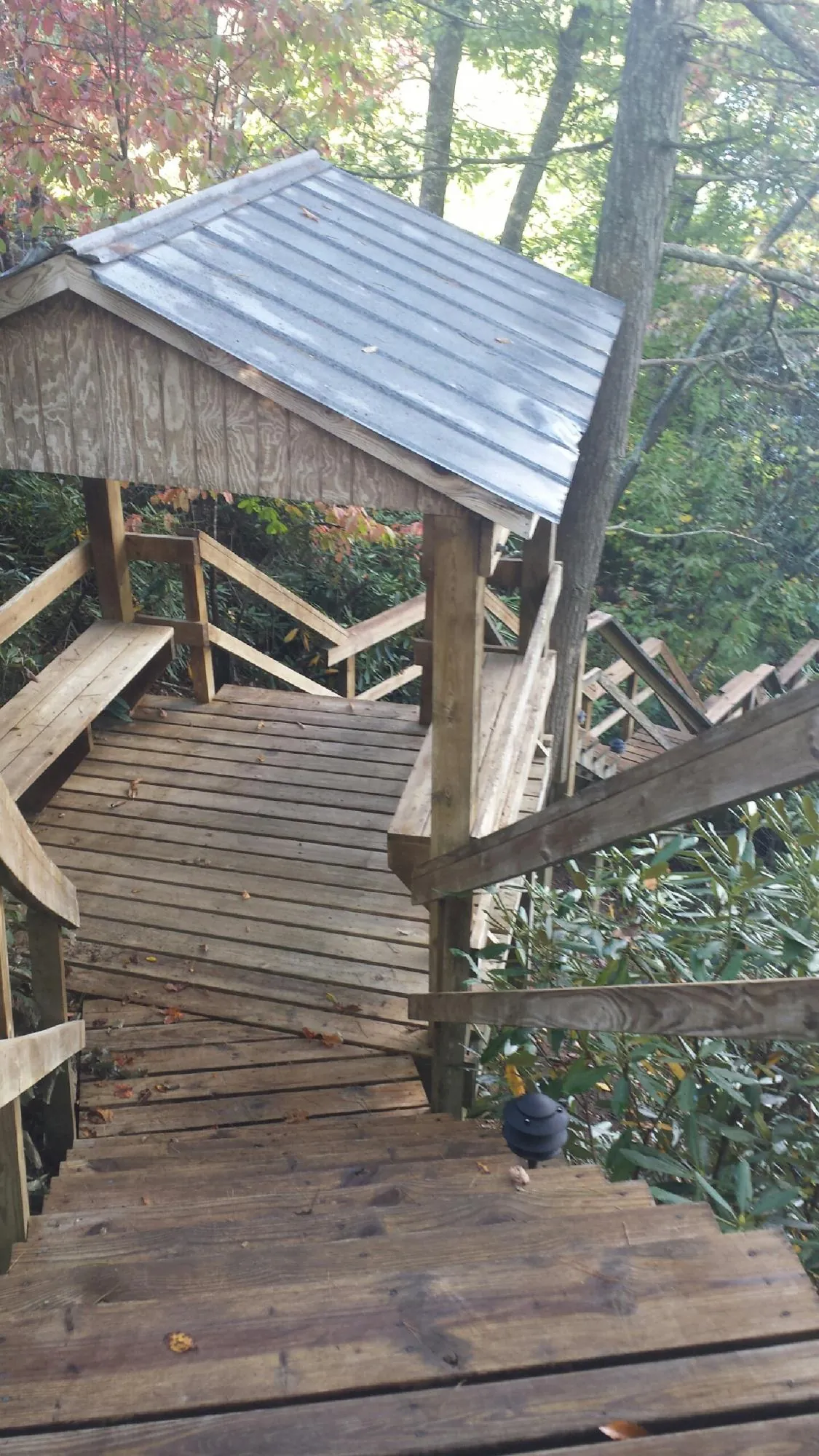 Metal roofed shelter over wooden steps on a wooded walkway — Skylight Repair & Installation work by our crew in Kirkersville